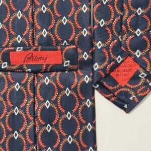 Brioni Mens Silk Tie Navy Blue Medallion Geometric Print Luxury Necktie Italy